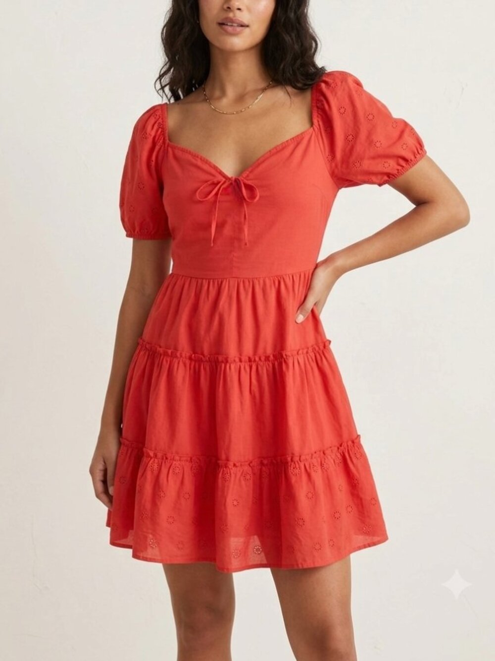 Millenium Red Tiered Mini Dress Eyelet Sleeve 100%Cotton Small Coquette Milkmaid